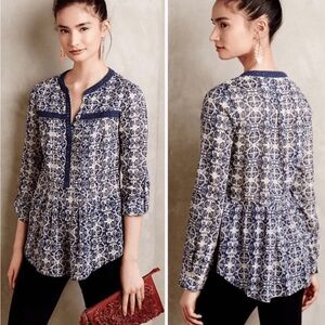 Anthropologie Maeve Abella Pintuck Blue Print Blouse